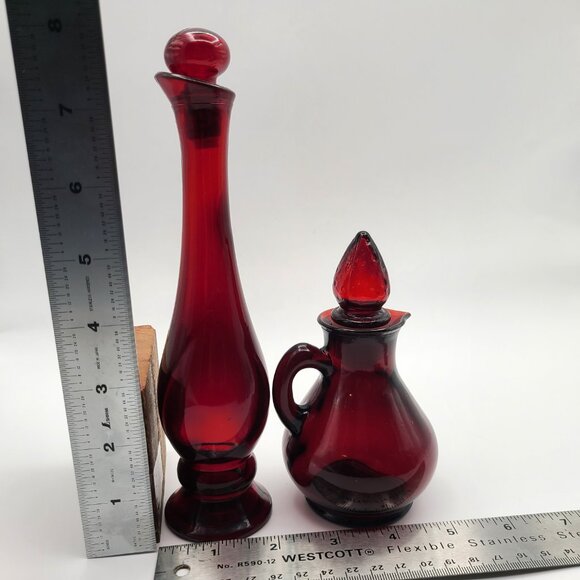 PAIR Vintage Avon Red Glass Bottles with Stoppers 5" Cruet 8" Perfume - Picture 10 of 10